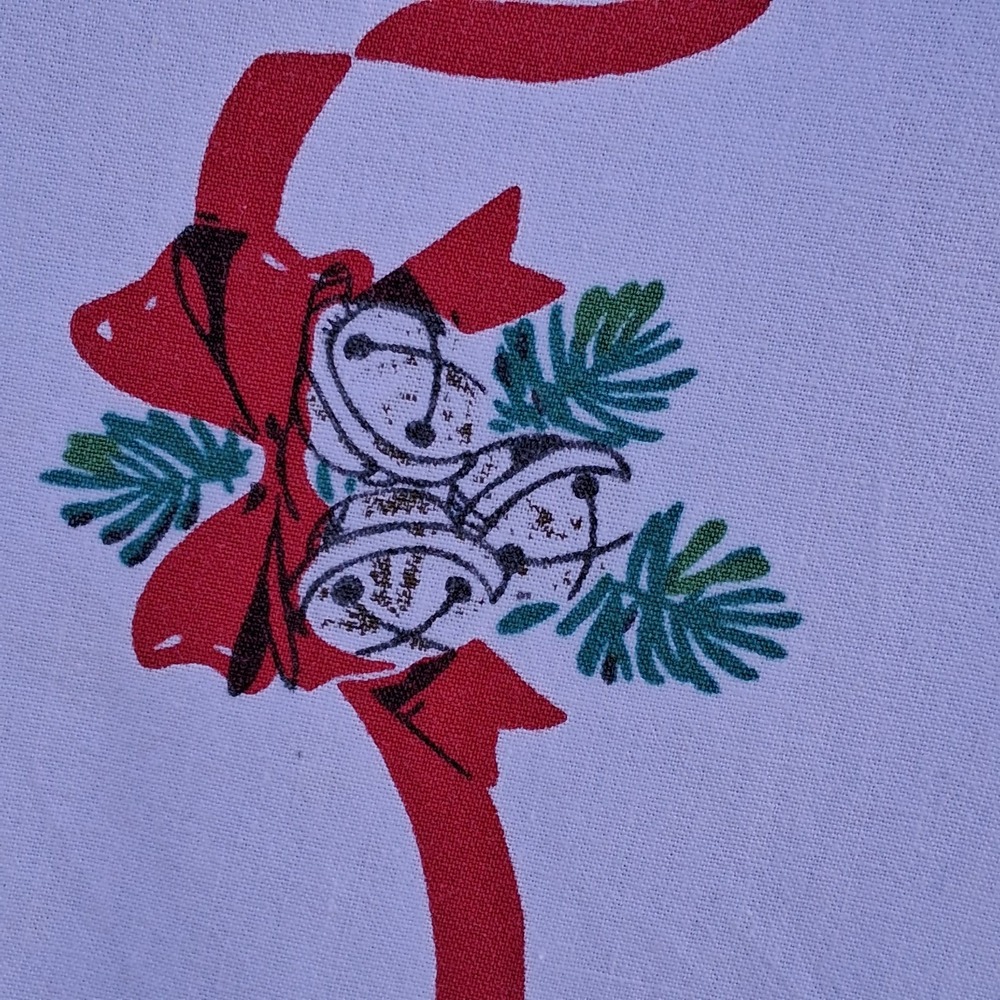 Vintage Mid Century Poinsettia Jingle Bell Cotton Tablecloth Retro Holiday 48x56 - Picture 6 of 9